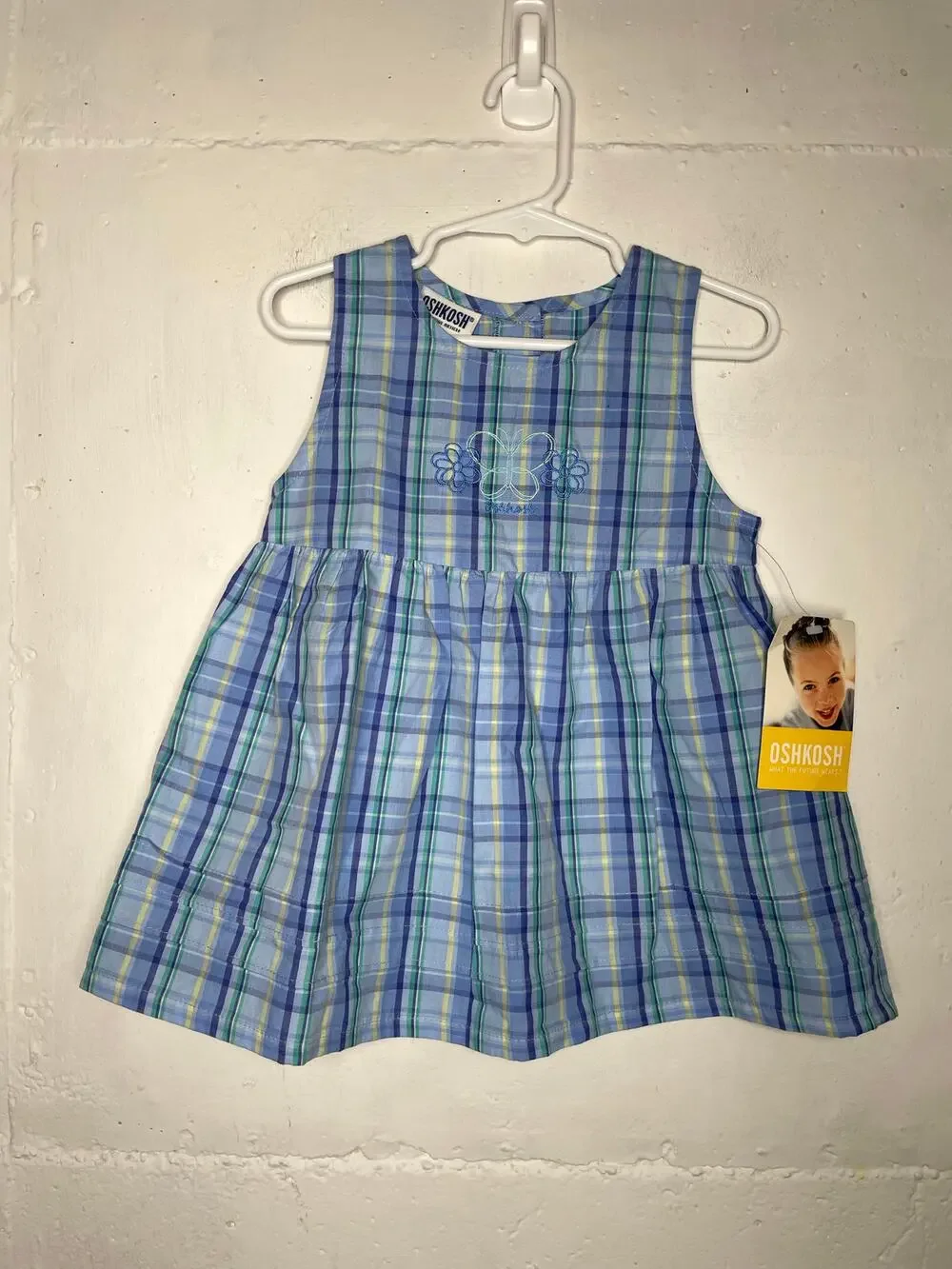 NEW Vintage Osh Kosh Girls Blue Plaid Dress Cotton 2T Sleeveless